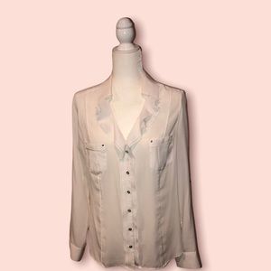 WHBM sheer ruffled V neck long sleeve blouse